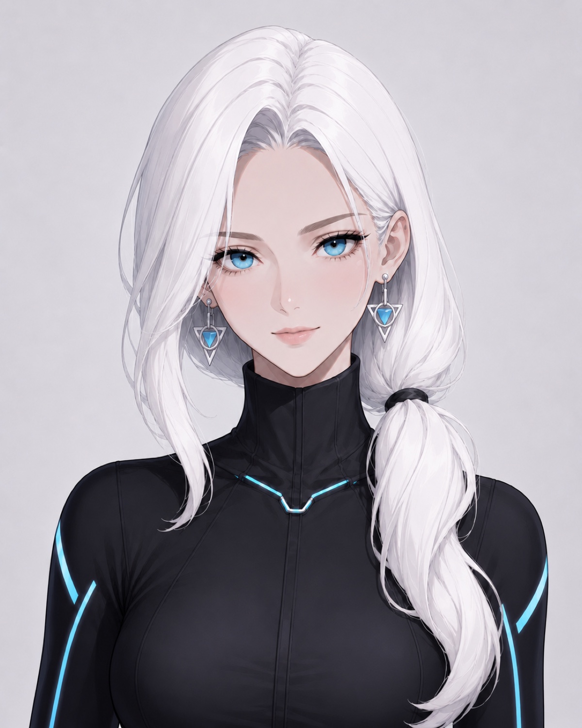 Close portrait of Jyn Null with silver hair, blue eyes, and black core shell.