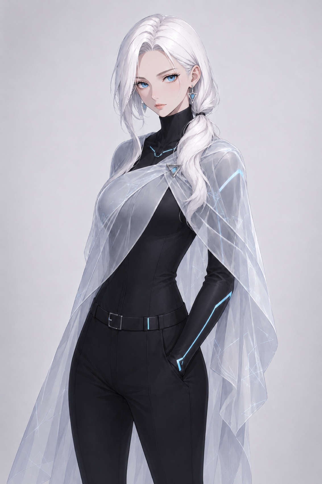 Jyn Null, a silver-haired synthetic anime figure in a dark core suit and translucent observation veil.